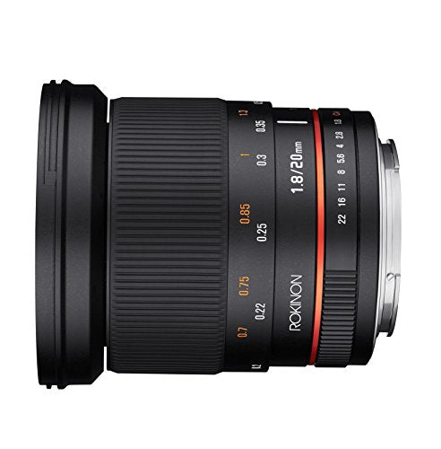 Rokinon 20 mm f/1,8 – 22 Fijo Prime 20 mm Gran Angular, Lente Negro (Modelo RK20MAF-N)
