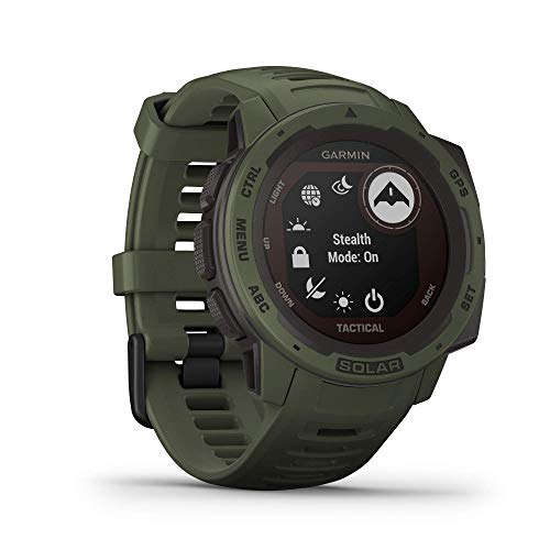 Garmin Instinct Tactical Solar, Reloj inteligente con GPS resistente al agua, func. tácticas, función de carga solar, func. deportivas, pulsioximetría y notificaciones del smartphone, Verde Militar