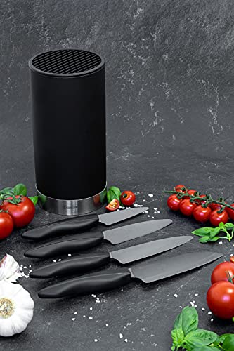 KYOCERA Juego de cuchillos de cerámica negro con cuchillo de pelar, cuchillo multiusos, cuchillo universal y cuchillo Santoku y bloque de cuchillos redondo para 8 cuchillos, KB-RD BK 4KN ZK EU