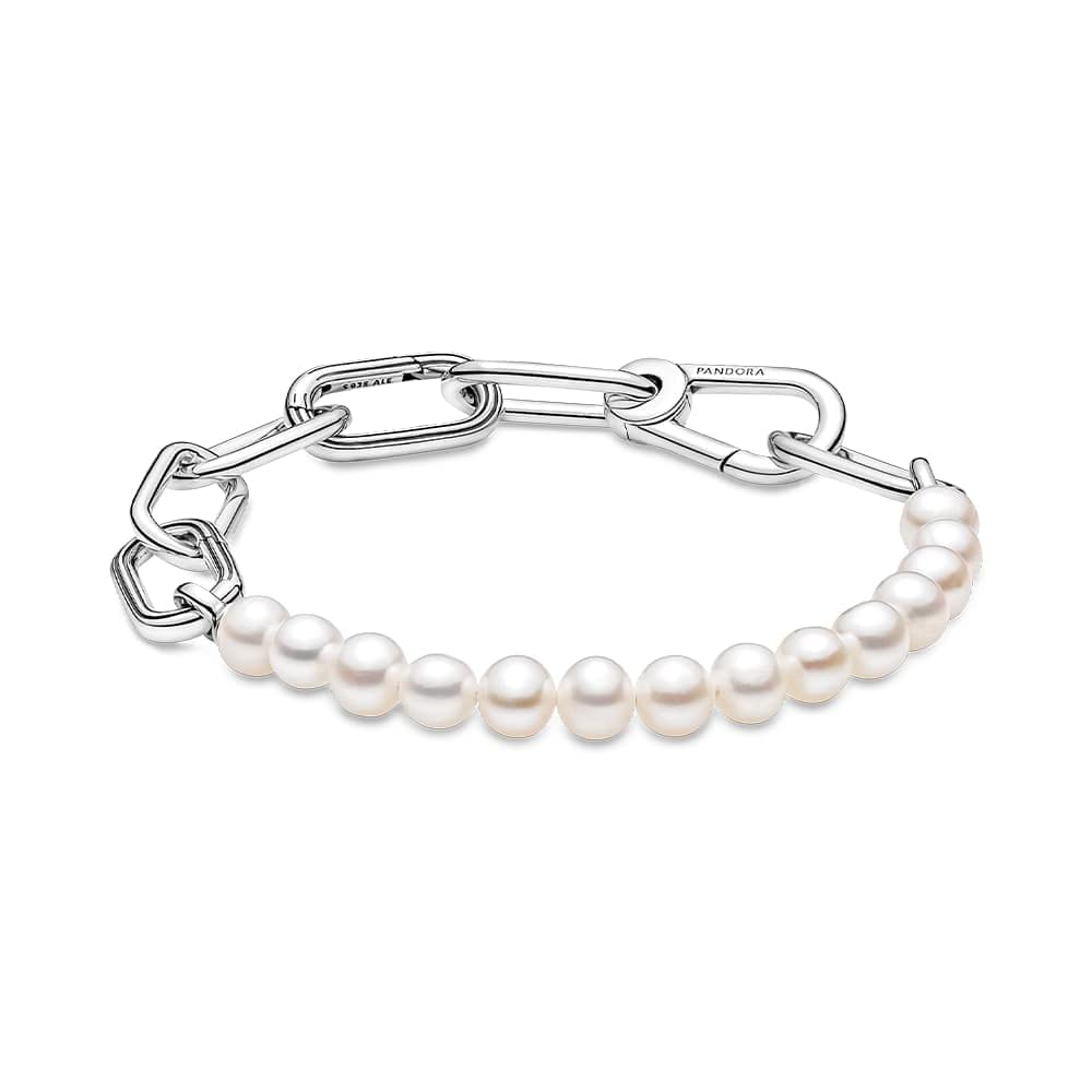 PANDORA ME Pulsera de eslabones de plata de ley con perlas blancas cultivadas en agua dulce, 1