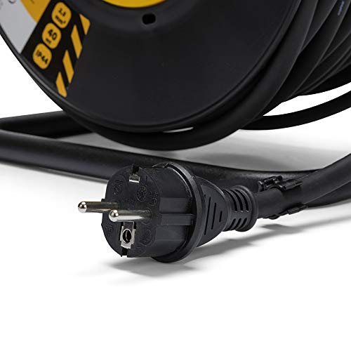 Stak REELART-FR-25 - Enrollador eléctrico profesional, resistente al agua IP44 cable 25 m de goma 3G2,5 mm2 para obras, bricolaje, jardín, 4 enchufes, chasis de acero, color negro