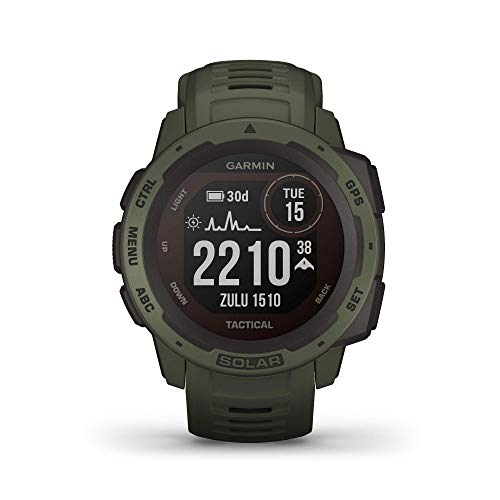 Garmin Instinct Tactical Solar, Reloj inteligente con GPS resistente al agua, func. tácticas, función de carga solar, func. deportivas, pulsioximetría y notificaciones del smartphone, Verde Militar
