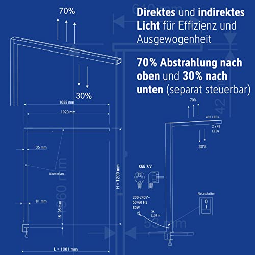 MAUL MAULsirius 8259395, Lámpara de pie con pinza y detector de movimiento, regulable, sensor de luz diurna, para oficina, estación de trabajo, pinza de mesa, 8750 lúmenes, color plateado