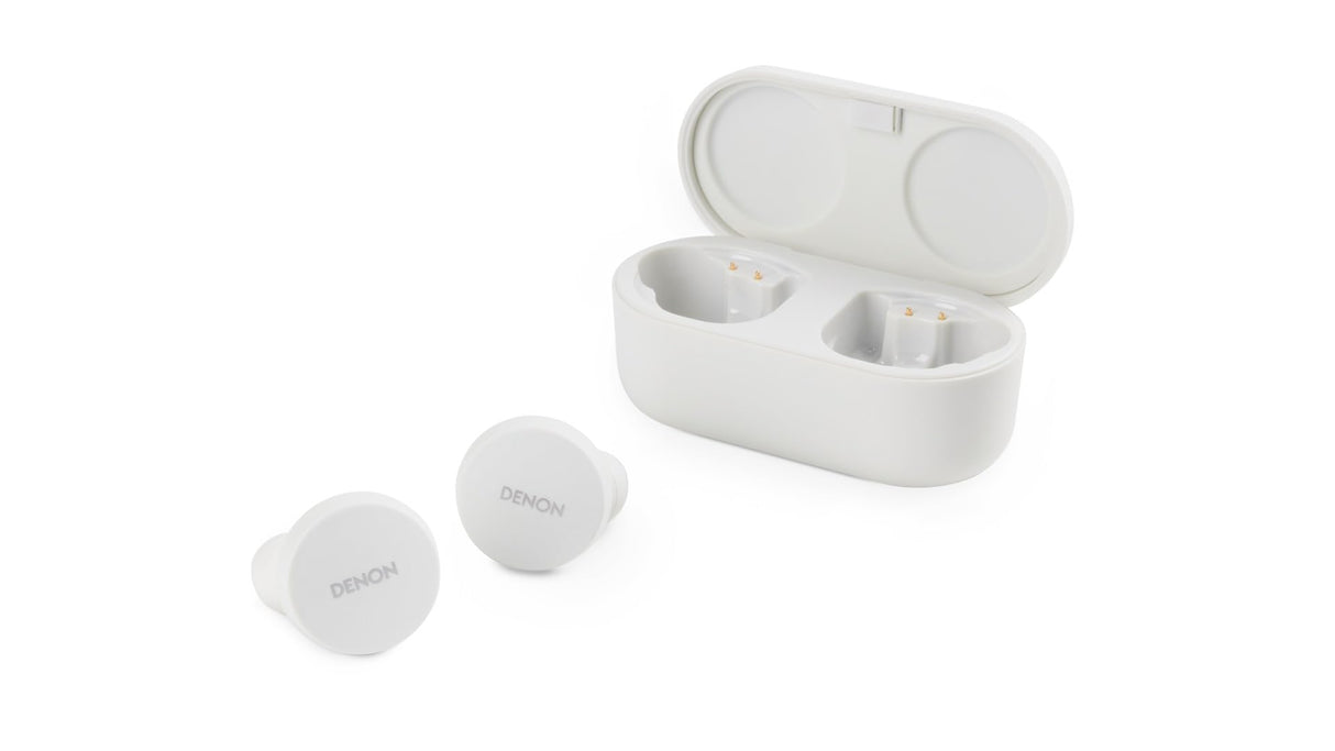DENON PerL True Wireless Earbuds, Perfil de Sonido Personalizado, Auriculares con cancelación de Ruido, Auriculares Resistentes al Agua, con micrófonos Integrados y batería de Larga duración - Blanco