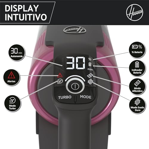 Hoover HF9 Home HF920H, Aspiradora Escoba sin Cable, sin Bolsa, 3 en 1, Escoba, de Mano y Vertical, Cepillo Antienredos, Autonomía 60 min, Color Gris/Rosa