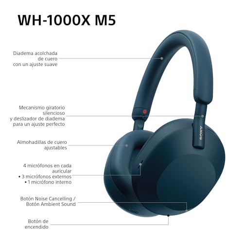 Sony WH-1000XM5 Auriculares de Diadema inalámbricos Premium con Noise Cancelling, Bluetooth, Llamadas, Hi-Res, 30 h de batería, Incluye Estuche rígido, iOS, Android - Azul Medianoche