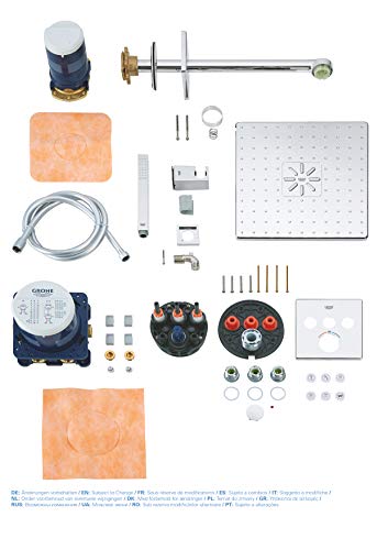 GROHE Grohtherm SmartControl- Set de ducha termostático (ducha mural cuadrada 31cm con 2 chorros, termostato empotrado, teleducha stick con soporte y flexo), listo para instalar, cromo, 34706000