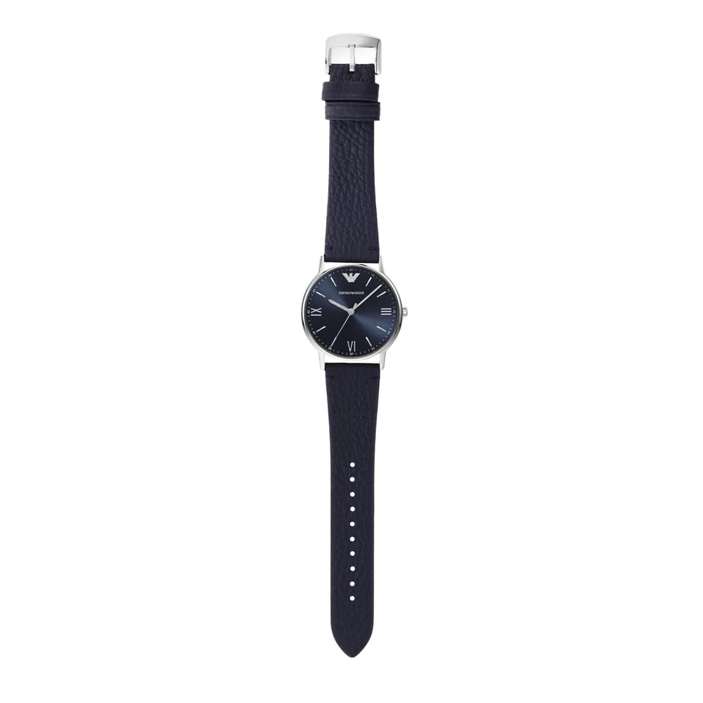 Emporio Armani Reloj para hombre, movimiento de tres manecillas, caja de acero inoxidable plateado de 41 mm con correa de piel, AR11012, Tono azul y plateado