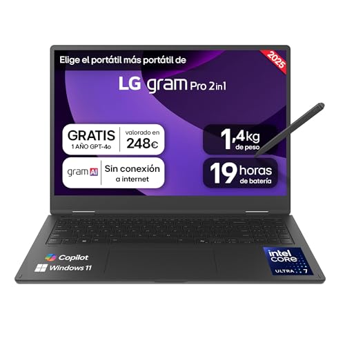 LG gram 16T90TP-K.AD88B Ordenador Portátil Convertible 16 Pulgadas Intel Core Ultra7 255H, 32 GB RAM, 1TB SSD, Panel OLED multitáctil, WQXGA+, 1.399 g, 19 Horas, Windows 11 Home, Teclado QWERTY