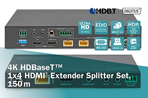 DIGITUS DS-55510 HDMI Extensor/Divisor HDMI 1:4 (HDBaseT) - UHD 4K/60 Hz - 120 m a través de cable LAN (HDBaseT 100 m) - Set: Transmisor y Receptor - Loop-Out, IR Infrarrojos, Audio, EDID, RS232