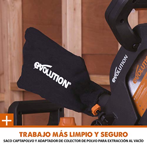 Evolution Power Tools - R210SMS-300+ Ingletadora deslizante multimaterial de 210 mm (230 V), con paquete plus, Corta acero dulce, aluminio, plástico, madera con clavos incrustados