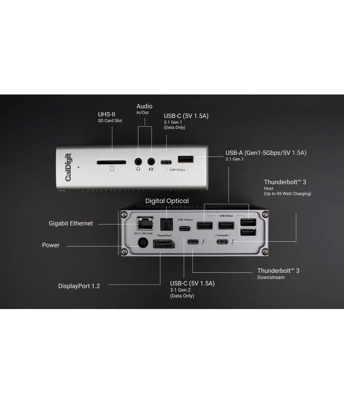 CalDigit TS3 Plus - Thunderbolt 3 Dock - 85W de Recarga, 7X Puertos USB 3.1, USB-C Gen 2, DisplayPort, Ranura para Tarjetas SD UHS-II, LAN, Salida Óptica, con Cable de 0.7m (Space Grey)