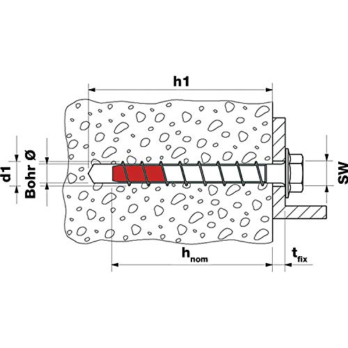fischer UltraCut FBS II 8 x 100 50/35 US Hexagonal Acero Inoxidable Potente Tornillo de hormigón con punta endurecida, para exteriores y zonas húmedas, fijación segura en hormigón, 50 unidades