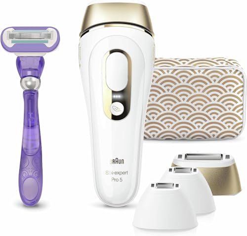 Braun Silk-expert Pro 5 Depiladora Mujer Luz Pulsada IPL, con 2 Cabezales Standar y 2 de Precisión, Alternativa a la Depilación Láser en Casa, Regalos Originales para Mujer, PL 5137MN, Blanco/Dorado