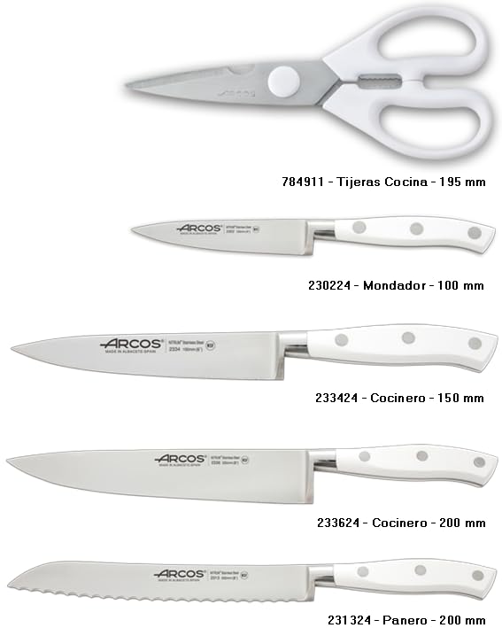 Arcos Set Cuchillos Forjados 5 piezas - Acero Inoxidable Nitrum. 3500 gr. Mango Ergonómico Polioximetileno POM. Serie Riviera Blanc. Hoja delgada con un Borde Suave característico. Color Blanco.