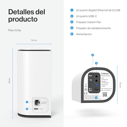 Mesh Linksys Velop Micro 7 | Doble banda con velocidad WiFi BE5000 | Cobertura para toda la casa con hasta 200 m² por nodo | Ethernet de 2,5 Gb/s | W-iFi 1,8 veces más rápido que WiFi 6 | Paquete de 1