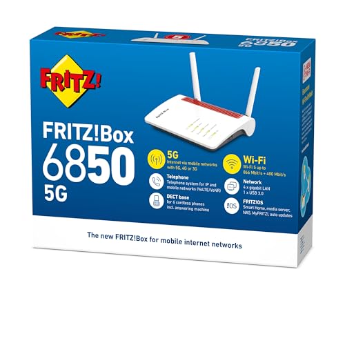 AVM FRITZ!Box 6850 5G International - Modem Router LTE, Ranura SIM, Wi-Fi AC hasta 1.300 Mbps (866 Mbps en 5 GHz y 400 Mbps en 2,4 GHz), 4 x Gigabit LAN, DECT, USB 3.0, Interfaz en Español