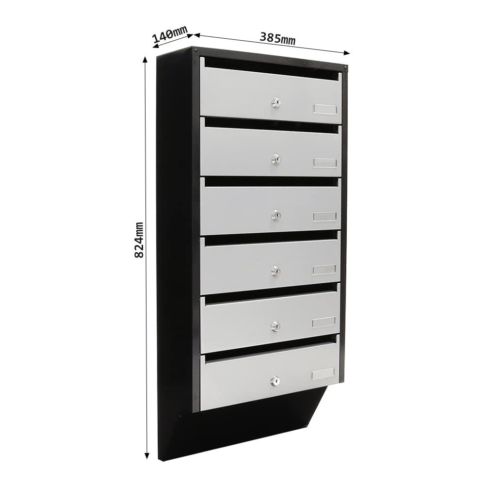 Buzón Depot 6 de Rottner, de 6 módulos, Color Plata / Negro, Ideal para comunidades o para exterior (en una zona protegida), acero, Cerradura de cilindro, Tarjetero para cada módulo