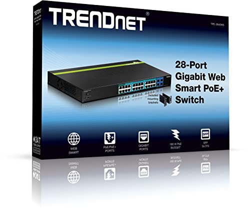 TRENDnet TPE-2840WS - Switch de Red (4 x PoE+, 20 x PoE, 4 x SFP, 1000Base-T, IPv6), Color Negro