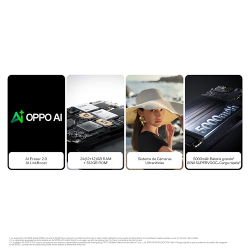 OPPO Reno12 Pro 5G - Smartphone Libre con IA, 24GB (12GB+12GB) +512GB, Pantalla 3D AMOLED 6.7", Cámara 50+8+50 MP, Android, Vídeo 4K, Batería 5000mAh, Carga Rápida 80W - Nebula Black