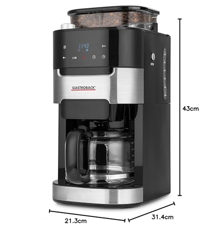 GASTROBACK 42711 Grind & Brew Pro Cafetera de filtro con molinillo integrado, mecanismo cónico con 8 niveles de molienda, pantalla LCD suave al tacto, plástico