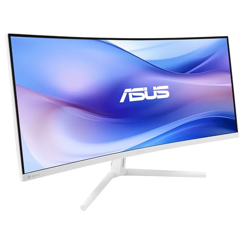 ASUS VU34WCIP-W Monitor Eye-Care WQHD de 34 Pulgadas, 3440x1440, curvatura 1500R, sin Marco, 100 Hz, ionizador de Aire, SmoothMotion, Eye Care Plus, USB-C PD 65 W, Altavoces, sostenibilidad óptima