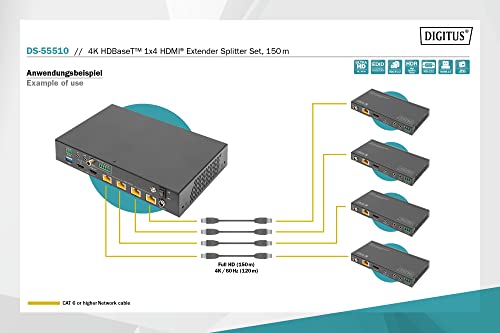 DIGITUS DS-55510 HDMI Extensor/Divisor HDMI 1:4 (HDBaseT) - UHD 4K/60 Hz - 120 m a través de cable LAN (HDBaseT 100 m) - Set: Transmisor y Receptor - Loop-Out, IR Infrarrojos, Audio, EDID, RS232