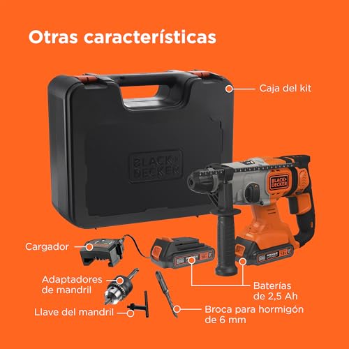 BLACK+DECKER Taladro percutor SDS-Plus a batería 18V, baterías de iones de litio 2,5Ah, potente energía de impacto 1,2J, caja del kit, BCD900E2K-QW