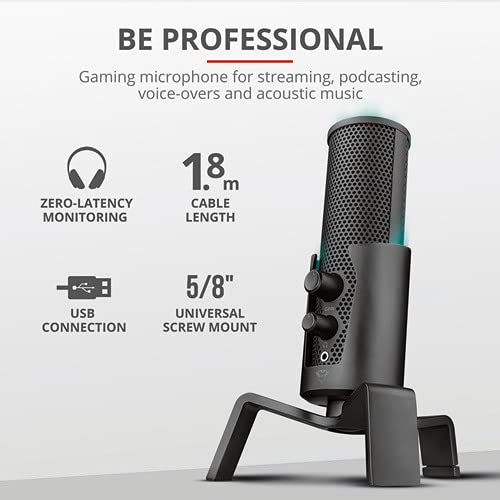 Trust Gaming GXT 258 Fyru Micrófono Gaming USB 4 en 1, Micro con Luces LED, 4 Patrones de Grabación, Micrófono PC para Podcasts, Vlogs, Streaming, Youtube, Twitch, PS4, PS5 - Negro
