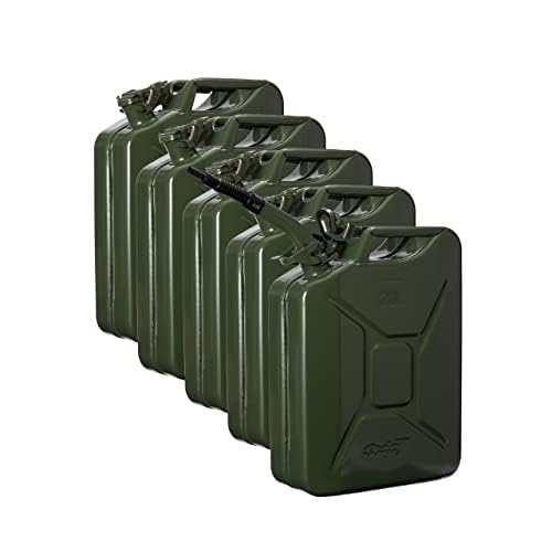 Oxid7® 5x Bidón metálico de combustible 20 litros verde oliva incl. embudo de llenado | Apto para gasolina, gasóleo y bioetanol | Bidón de gasolina 20L con homologación UN y homologado