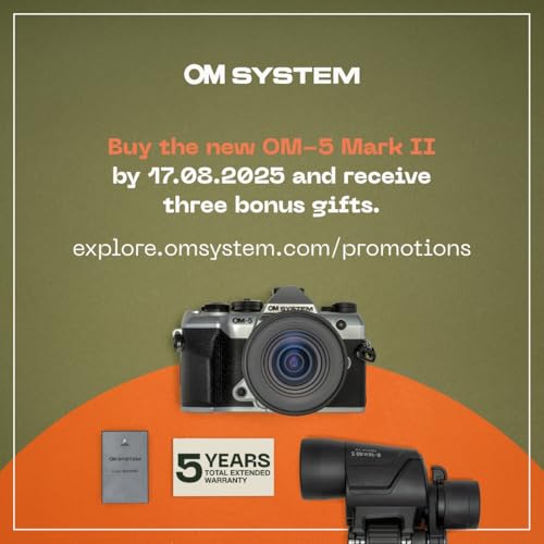 Cámara Micro Cuatro Tercios OM SYSTEM OM-5 Mark II, Incl. Objetivo M.Zuiko Digital ED 14-150mm II, Sensor Live Mos de 20 MP, estabilización de Imagen de 5 Ejes, Sellado IP53 contra la Intemperie