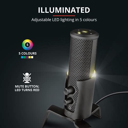 Trust Gaming GXT 258 Fyru Micrófono Gaming USB 4 en 1, Micro con Luces LED, 4 Patrones de Grabación, Micrófono PC para Podcasts, Vlogs, Streaming, Youtube, Twitch, PS4, PS5 - Negro