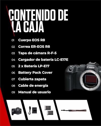 CANON EOS R8 Cámara Mirrorless Body, Cámara Evil Full Frame (24,2 MP) -6.5 EV, Vídeo 4K 60 fps, Dual Pixel CMOS AF II, Pantalla Táctil de Ángulo Variable, Negro - 2X Batería