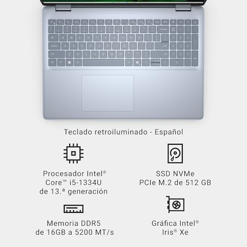 Dell Inspiron 16 5640 Ordenador Portátil de 16" FHD+, Intel Core i5-1334U, Intel Iris Xe Graphics, 16GB RAM, 512GB SSD, Fingerprint Reader, Windows 11, Teclado retroiluminado QWERTY Español, Ice Blue