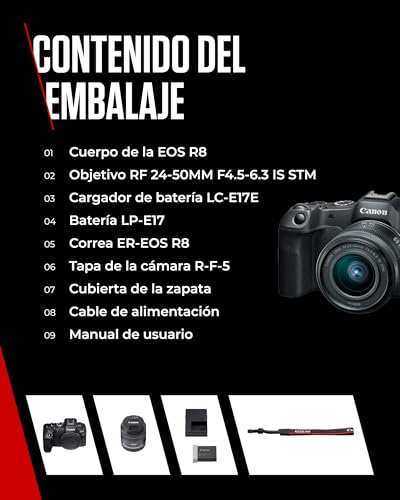CANON EOS R8 Cámara Mirrorless + Objetivo RF 24-50 mm F4.5-6.3 IS STM, Cámara Evil Full Frame (24,2 MP) -6.5 EV, Vídeo 4K 60 fps, Dual Pixel CMOS AF II, Pantalla Táctil de Ángulo Variable, Negro
