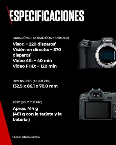 CANON EOS R8 Cámara Mirrorless Body, Cámara Evil Full Frame (24,2 MP) -6.5 EV, Vídeo 4K 60 fps, Dual Pixel CMOS AF II, Pantalla Táctil de Ángulo Variable, Negro - 2X Batería
