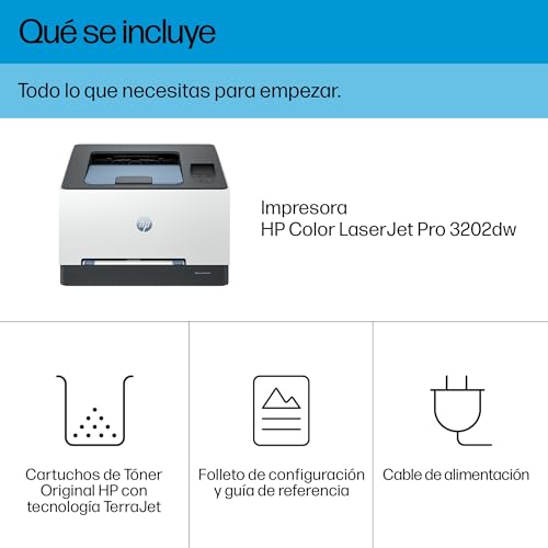 HP Color LaserJet Pro 3202dw 499R0F, Impresora Laser A4 a doble cara automática (25 ppm, Wi-Fi de banda dual, Wi-Fi Direct, USB 2.0, Procesador 1,2 GHz, Memoria 256MB, HP Smart App) Blanca y Azul