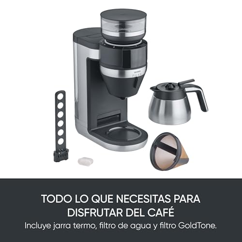 SEVERIN FILKA, cafetera de filtro totalmente automática, cafetera de filtro 5 en 1 con pantalla LED, molinillo, con jarra termo, negro mate/acero inoxidable, KA 9695