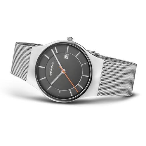 BERING 11938-007 Reloj de cuarzo para hombre con caja de acero inoxidable de 40 mm con acabado en gris y esfera gris, correa milanesa, cristal de zafiro y resistencia al agua de 3 ATM