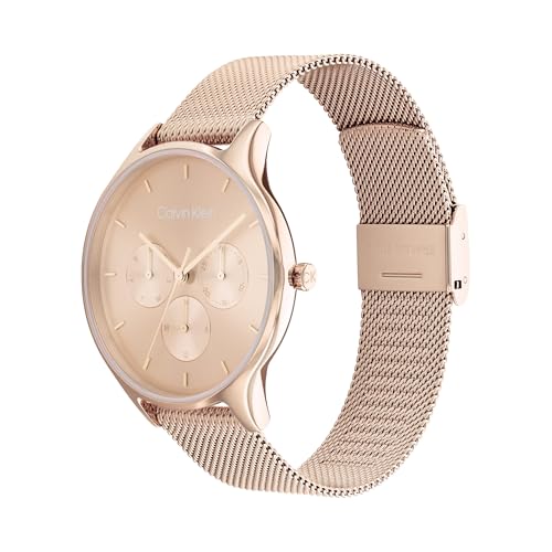 Calvin Klein Reloj Analógico de Cuarzo Multifunción para Mujer Colección Timeless Mesh MF con Correa de Malla de Acero Inoxidable de Oro Rosa - 25200102