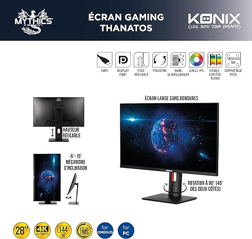 Konix Thanatos 4K Pantalla Gaming 28" PC, PS4, PS5, Switch, Xbox - UHD 2160px - 144Hz Refresh - 1ms Response Time - 2X HDMI 2.0 - IPS Panel