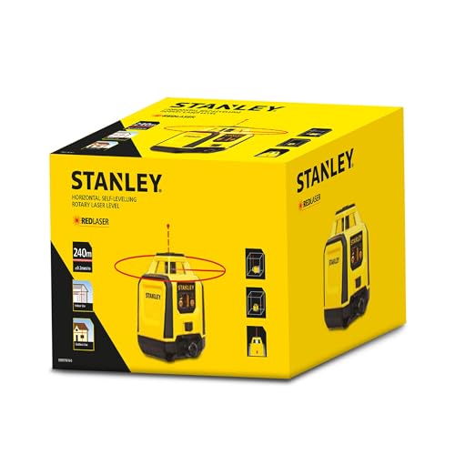 STANLEY Nivel láser Haz rojo 30m, Rotativo con Estuche y Accesorios Completos: Gafas, Objetivo, Detector y Soporte para una Precisión Profesional - Alcance 240 M (diámetro), STHT77616-0