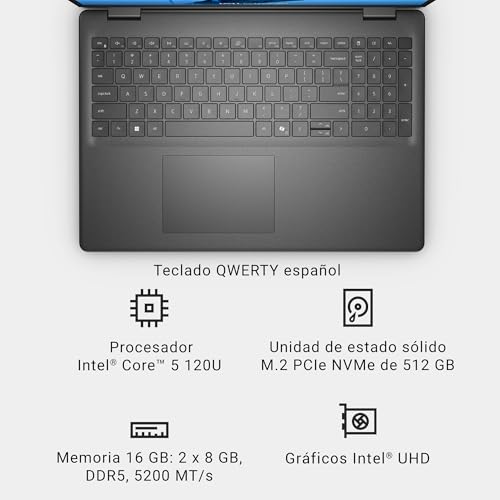 DELL 16 Ordenador Portátil DC16250 – 16" 2K (1920x1200), Intel Core 5 120U, Gráficos Intel UHD, 16GB RAM DDR5, 512GB SSD, Windows 11 Home,Lector de Huellas, Teclado QWERTY Español – Negro Carbón