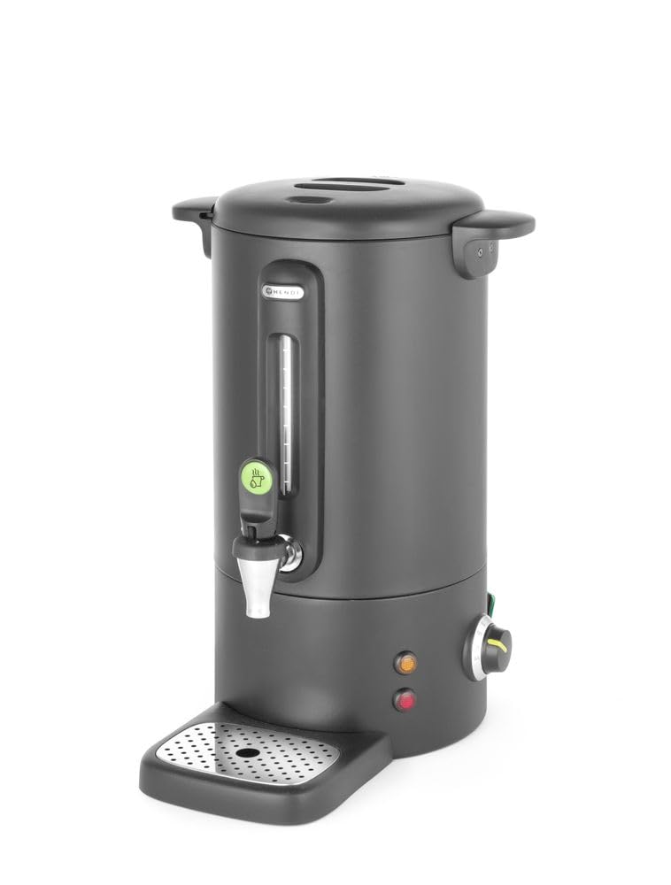 HENDI Hervidor de agua eléctrico 9L, dispensador de bebidas calientes, termo de una pared para vino, té, hasta 100°C, 230V, 50/60Hz, 950W, 307x330x(H)450mm, negro mate, acero inoxidable, PP