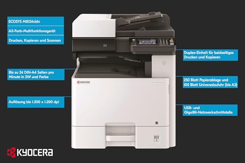 Kyocera Ecosys M8124cidn impresora láser multifuncional, fotocopiadora y escáner (doble cara, 24ppm A4 y 12 en A3, USB, Wifi, color)