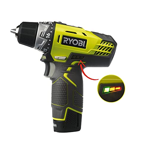RYOBI - Taladro Atornillador 12V, 2 Velocidades, Par Máximo 30 Nm, 24 Posiciones - Portabrocas 10mm - LED - 2 Baterías de Litio 2,0 Ah - 1 Cargador - Se Entrega con Bolsa de Transporte - R12DD-220