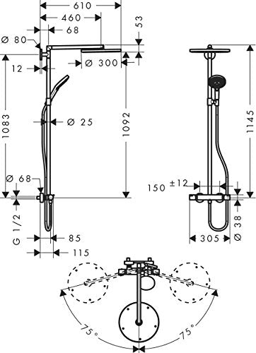 hansgrohe Raindance S - sistema de ducha con termostato, ducha lluvia (⌀ 300 mm) con grifo, ducha de mano (2 tipos de chorro), flexo, barra, ducha fija redondo (1 tipo de chorro), cromo, 27114000