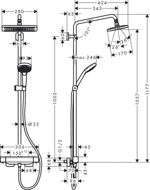 hansgrohe Croma E - sistema de ducha con termostato, ducha lluvia (280 x 170 mm) con grifo, ducha de mano (3 tipos de chorro), flexo, barra, ducha fija rectangular (1 tipo de chorro), cromo