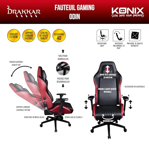 Konix Drakkar Silla de Oficina Gaming Odin - Inclinación del Asiento 160° - Cuero de Poliuretano Liso - Motivo Vikingo - Negro y Rojo