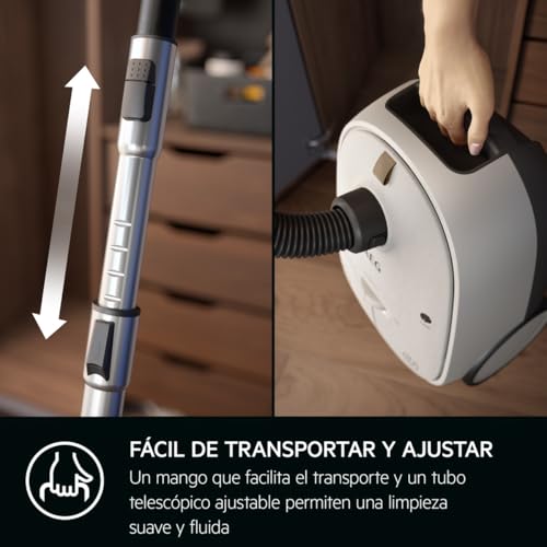 AEG AB61H6SW Aspiradora de Trineo con Bolsa, 850W de Potencia, 3,5L de Capacidad, Radio de acción 12m, Ruedas XL, Filtro Lavable, 3 cepillos + 3 Accesorios, 10 años garantía Motor, Blanco